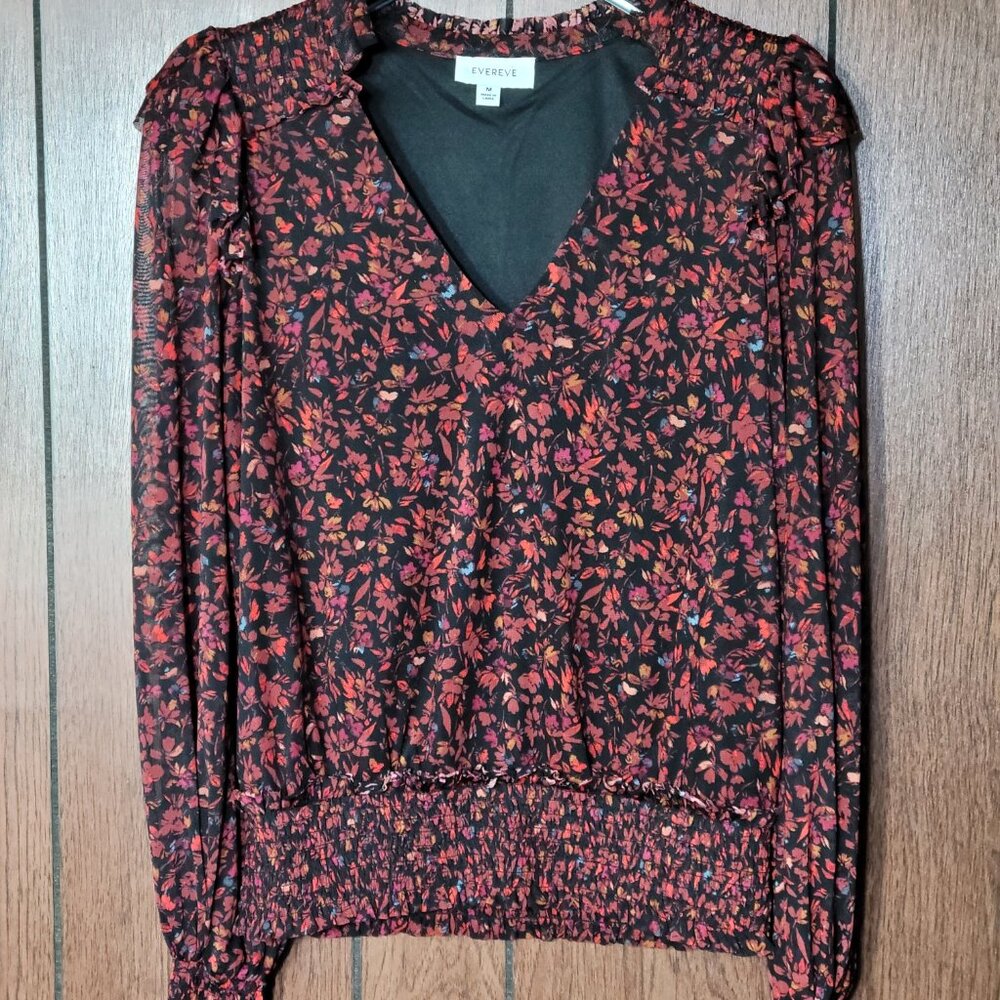 Evereve Women Koda Floral Smocked Collar Blouse Size M V Neck Long Sleeve Mesh
